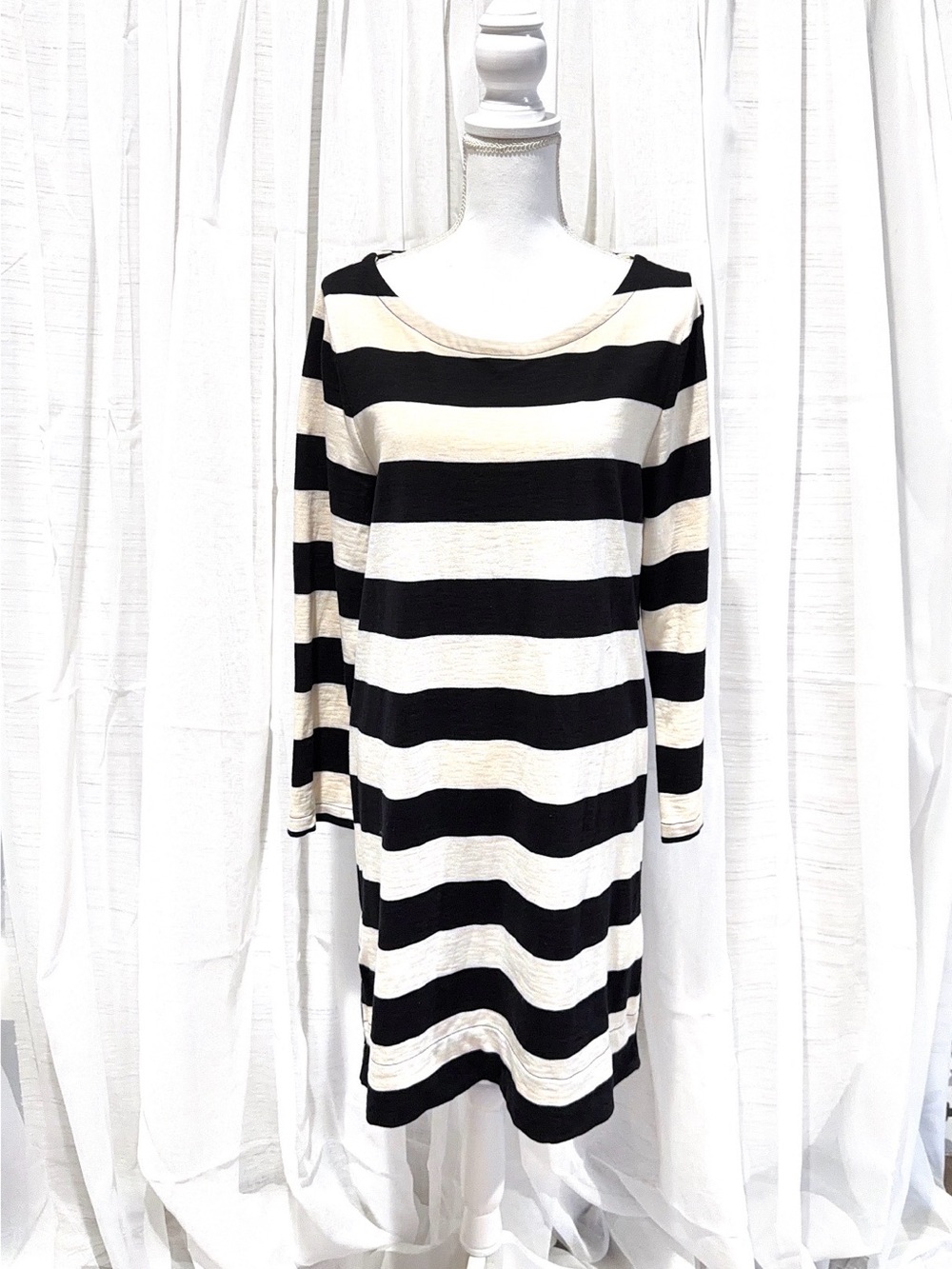 J. Crew Black and Cream Striped Long Sleeve Dress